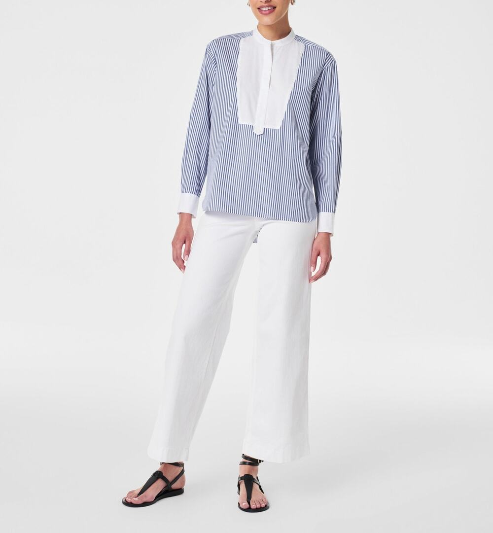Spanx NWT Poplin Tuxedo Striped Shirt Blue Medium Preppy Coastal